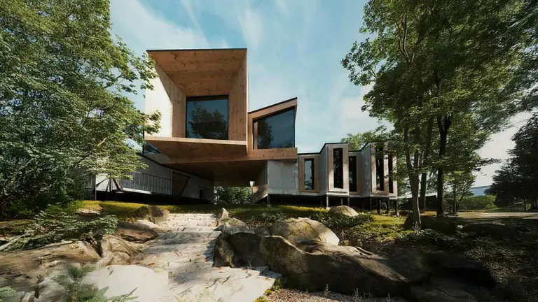 Cantilevered modern house in the woods, documented in a full property report