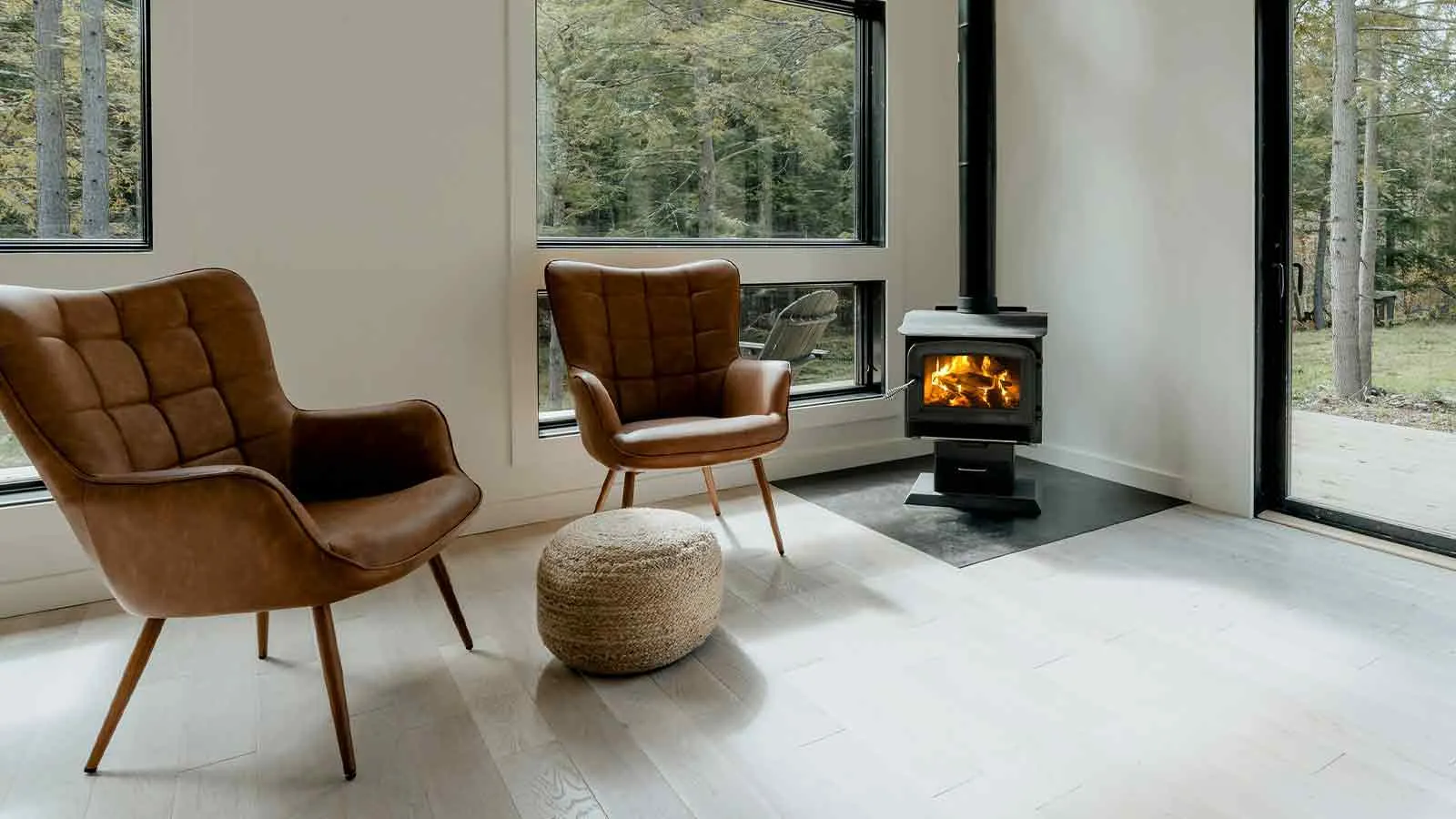 Reading nook with wood stove in a home purchased after a clean title search